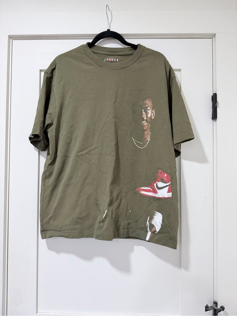 Jordan Olive Graphic Tee with Red and White Sneaker Print